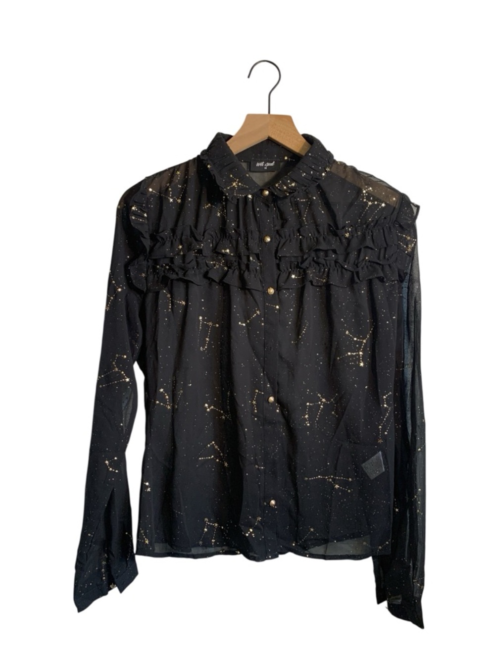 Wet Seal New Black Sheer Button-Down Blouse with Gold Constellation Print S/M